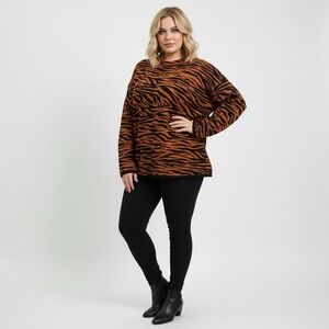 Laura Tiger Print Crewneck Sweater Orange Black Animal Knit XL Oversized